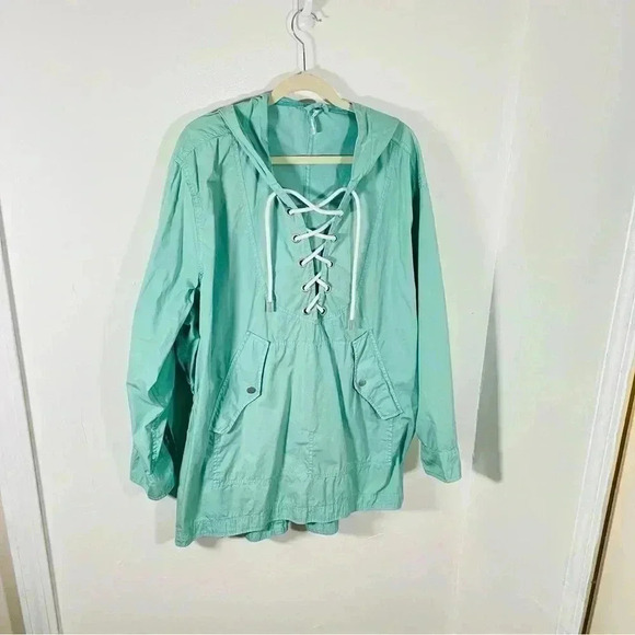 Free People Poplin Lace Pullover Jacket Sky Teal Rain Anorak Boho Outerwear - Picture 9 of 9